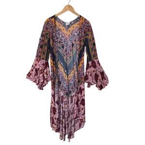 Scrap Work Ruffled Long Body Kimono Multicolored Boho Festival Beach Sz: S